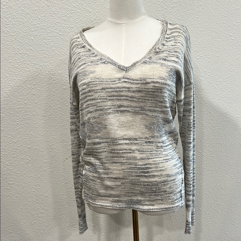 Gray and White Striped V-Neck Sweater
